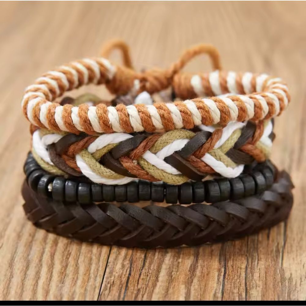 4 men's bracelets leather‎ layered stacked braided beaded New e92